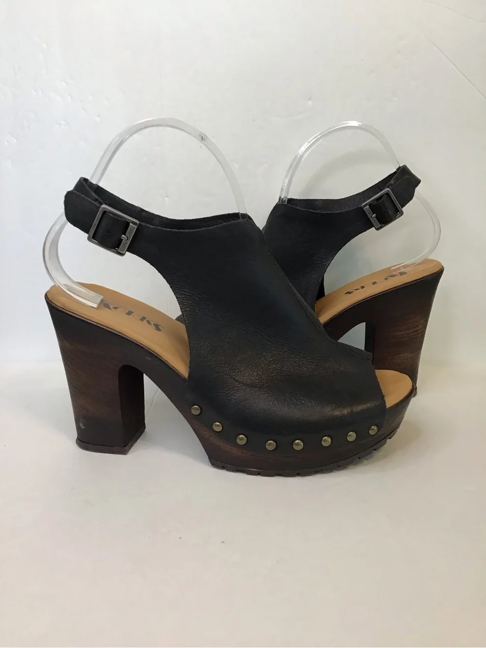 KORKS Women's Black Leather Sling-back Open Toe Nail-head Studded Platform Heels